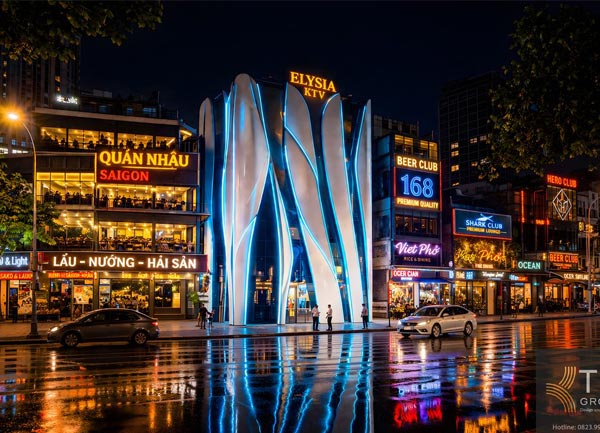 Thiết kế thi công karaoke KTV mặt tiền phong cách tương lai với hình khối LED