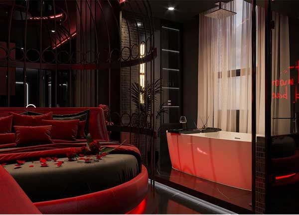 Thiết kế phòng khách sạn chủ đề tình yêu phong cách Modern Luxury Dark tone