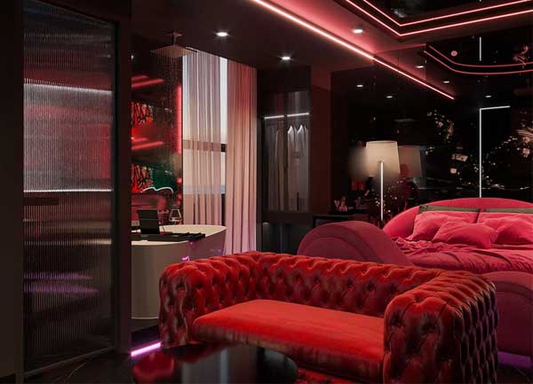 Thiết kế phòng khách sạn tình yêu phong cách Romantic Neon Suite